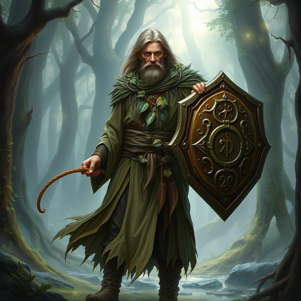 A Dungeons and Dragons hedge cleric, wearing traditional cleric robes, adorned with nature-inspired elements like leaves and vines