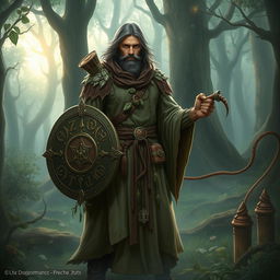 A Dungeons and Dragons hedge cleric, wearing traditional cleric robes, adorned with nature-inspired elements like leaves and vines