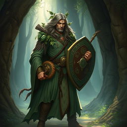 A Dungeons and Dragons hedge cleric, wearing traditional cleric robes, adorned with nature-inspired elements like leaves and vines