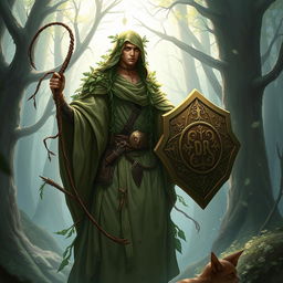 A Dungeons and Dragons hedge cleric, wearing traditional cleric robes, adorned with nature-inspired elements like leaves and vines