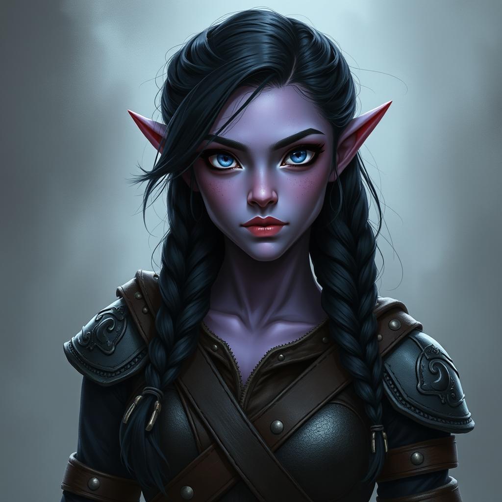 A 25-year-old tiefling female with distinctive eyes that have only white sclera, lacking both irises and pupils