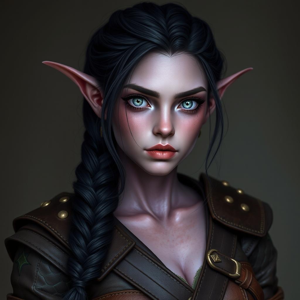 A 25-year-old tiefling female with distinctive eyes that have only white sclera, lacking both irises and pupils