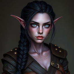 A 25-year-old tiefling female with distinctive eyes that have only white sclera, lacking both irises and pupils