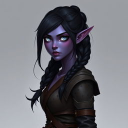 A 25-year-old tiefling female with distinctive eyes that have only white sclera, lacking both irises and pupils