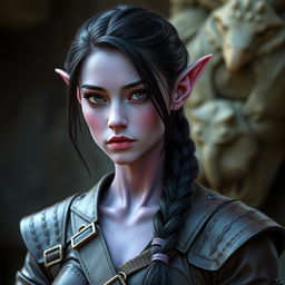 A 25-year-old tiefling female with distinctive eyes that have only white sclera, lacking both irises and pupils