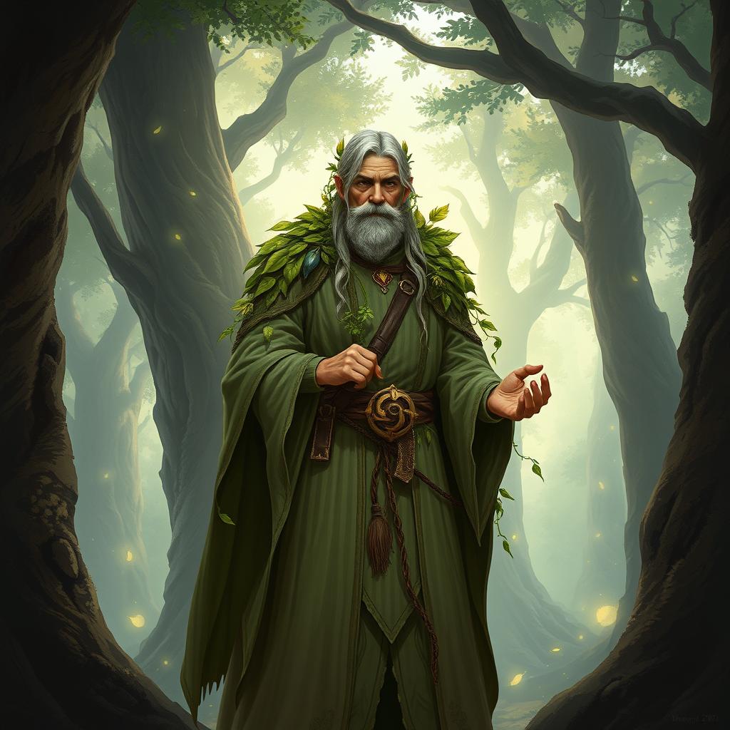 A Dungeons and Dragons hedge cleric, wearing traditional cleric robes complemented by nature-themed accessories like leaves and vines