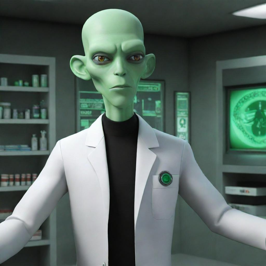 Medic alien from Ben 10, providing healthcare in an advanced alien laboratory