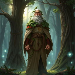 A Dungeons and Dragons hedge cleric, wearing traditional cleric robes complemented by nature-themed accessories like leaves and vines