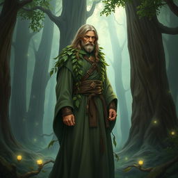 A Dungeons and Dragons hedge cleric, wearing traditional cleric robes complemented by nature-themed accessories like leaves and vines