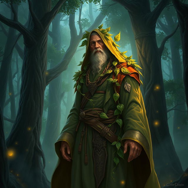 A Dungeons and Dragons hedge cleric, wearing traditional cleric robes complemented by nature-themed accessories like leaves and vines