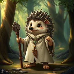 A whimsical Dungeons and Dragons hedgehog cleric, adorned in cleric robes that fit snugly over its spiky form