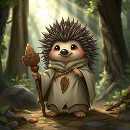 A whimsical Dungeons and Dragons hedgehog cleric, adorned in cleric robes that fit snugly over its spiky form