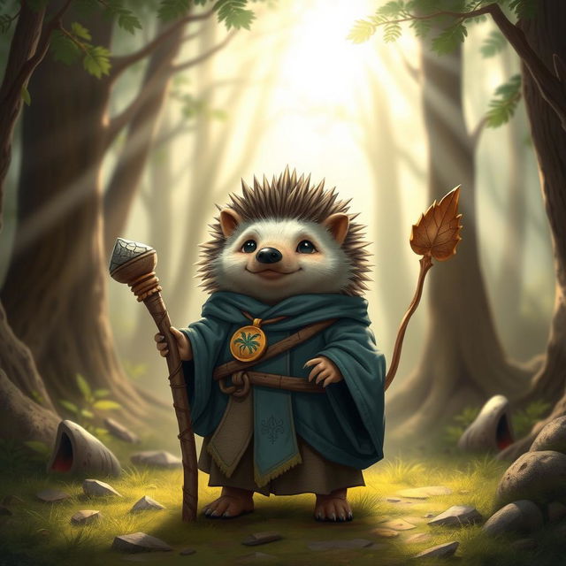 A whimsical Dungeons and Dragons hedgehog cleric, adorned in cleric robes that fit snugly over its spiky form