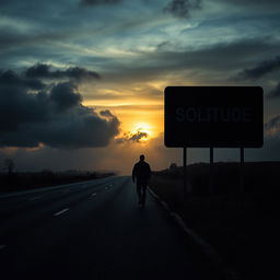 A solitary man walking alone on an empty road during a dark and cloudy sunset, surrounded by a touch of fog