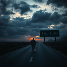 A solitary man walking alone on an empty road during a dark and cloudy sunset, surrounded by a touch of fog