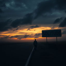 A solitary man walking alone on an empty road during a dark and cloudy sunset, surrounded by a touch of fog