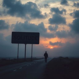 A solitary man walking alone on an empty road during a dark and cloudy sunset, surrounded by a touch of fog