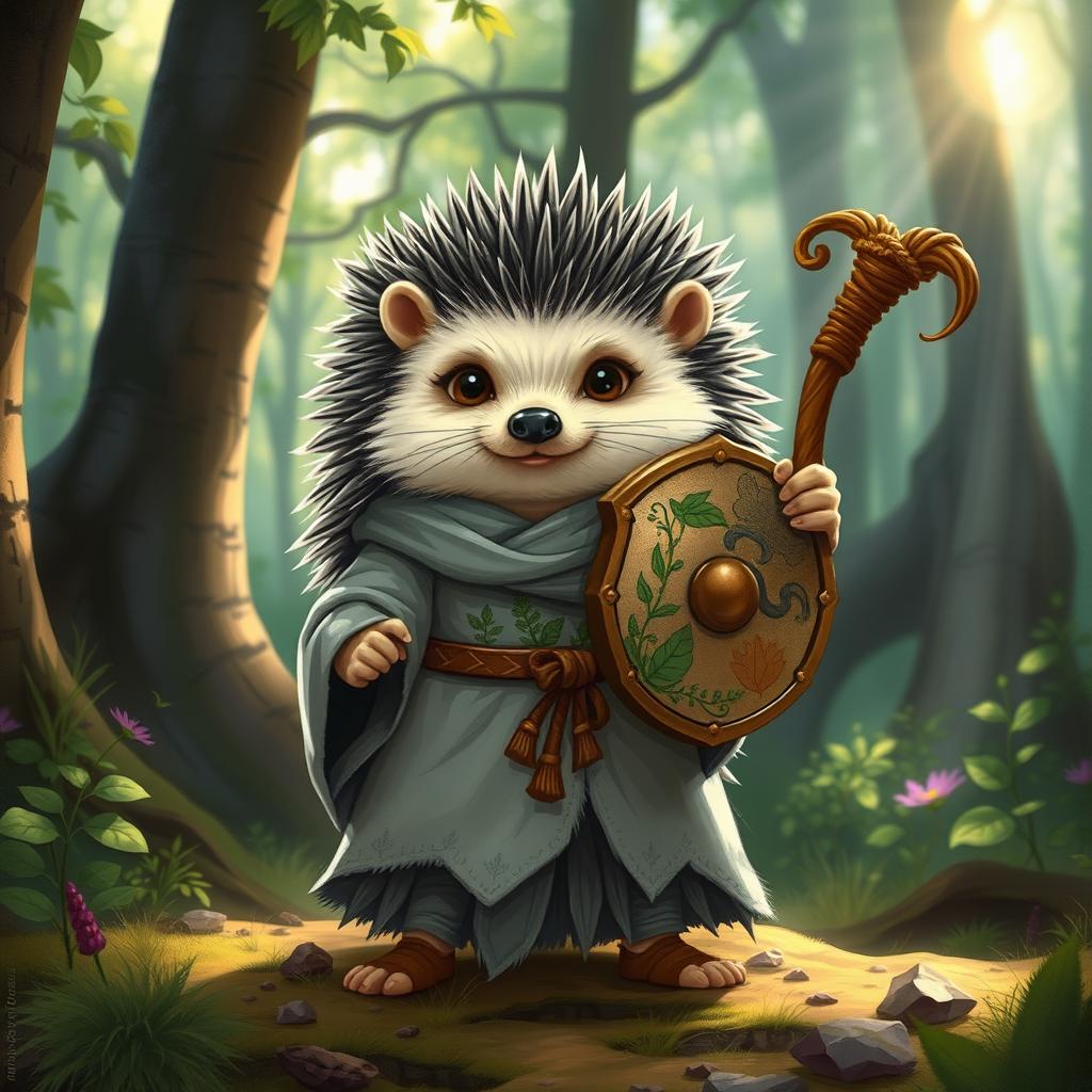 A whimsical Dungeons and Dragons hedgehog cleric, wearing snug cleric robes that accommodate its spiky form