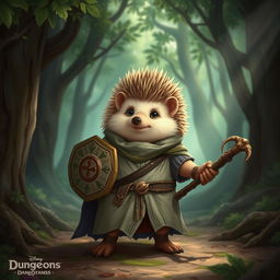 A whimsical Dungeons and Dragons hedgehog cleric, wearing snug cleric robes that accommodate its spiky form