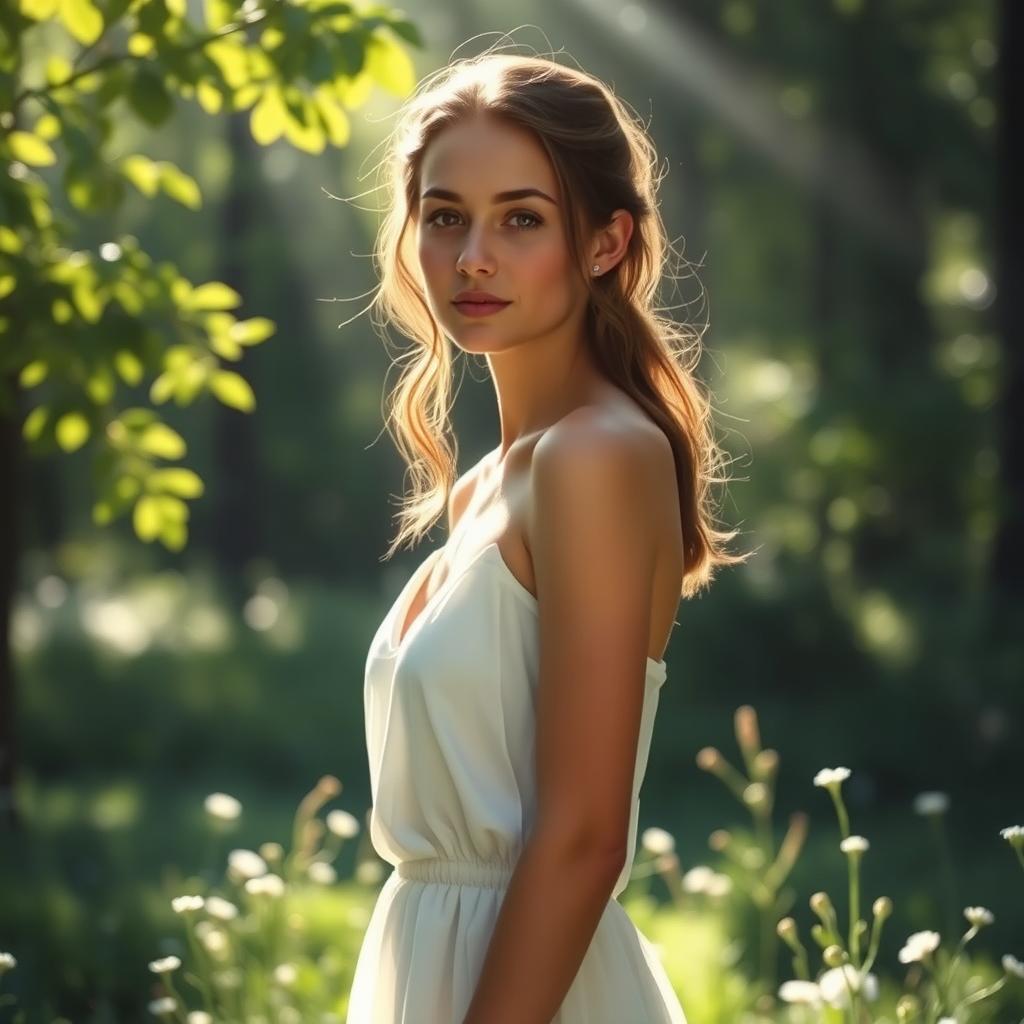 An artistic representation of a young woman standing in a sunlit forest glade