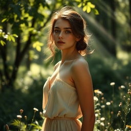 An artistic representation of a young woman standing in a sunlit forest glade