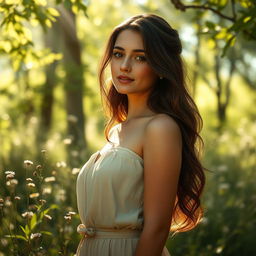 An artistic representation of a young woman standing in a sunlit forest glade