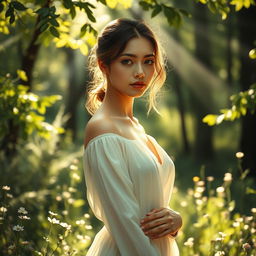 An artistic representation of a young woman standing in a sunlit forest glade