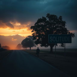 A solitary man walking alone on an empty road during a dark and cloudy sunset, surrounded by a touch of fog