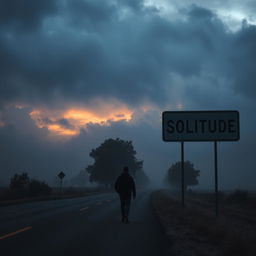 A solitary man walking alone on an empty road during a dark and cloudy sunset, surrounded by a touch of fog