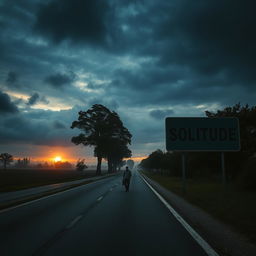 A solitary man walking alone on an empty road during a dark and cloudy sunset, surrounded by a touch of fog