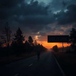 A solitary man walking alone on an empty road during a dark and cloudy sunset, surrounded by a touch of fog