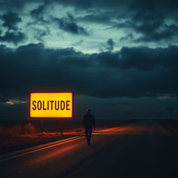 A lone man walks down an empty road at dark and cloudy sunset, with moody, overcast skies casting deep shadows