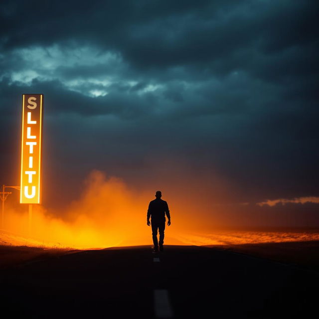 A lone man walks down an empty road at dark and cloudy sunset, with moody, overcast skies casting deep shadows