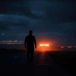 A lone man walks down an empty road at dark and cloudy sunset, with moody, overcast skies casting deep shadows