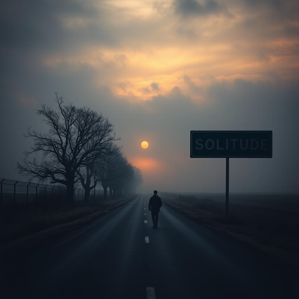 A solitary man walking alone on an empty road during a dark and cloudy sunrise, surrounded by a touch of fog