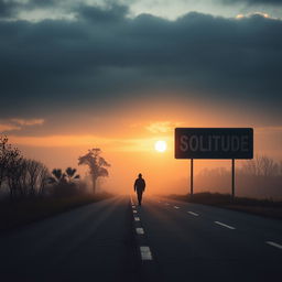 A solitary man walking alone on an empty road during a dark and cloudy sunrise, surrounded by a touch of fog