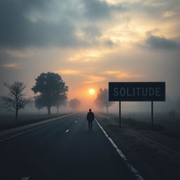 A solitary man walking alone on an empty road during a dark and cloudy sunrise, surrounded by a touch of fog