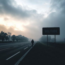 A solitary man walking alone on an empty road during a dark and cloudy sunrise, surrounded by a touch of fog