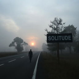 A solitary man walking on an empty road during a dark and cloudy sunrise, surrounded by a light fog