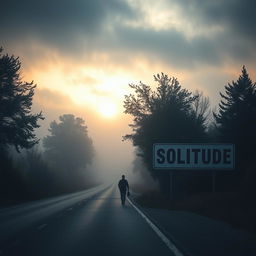 A solitary man walking on an empty road during a dark and cloudy sunrise, surrounded by a light fog