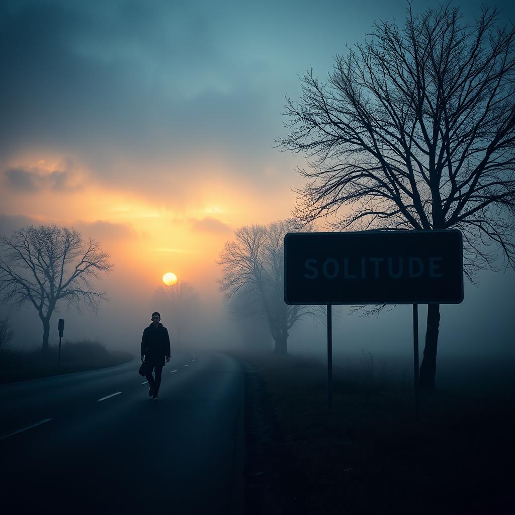 A solitary man walking on an empty road during a dark and cloudy sunrise, surrounded by a light fog