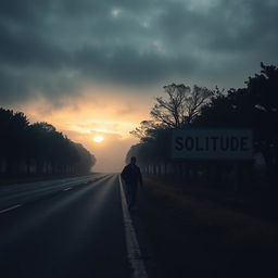 A solitary man walking on an empty road during a dark and cloudy sunrise, surrounded by a light fog