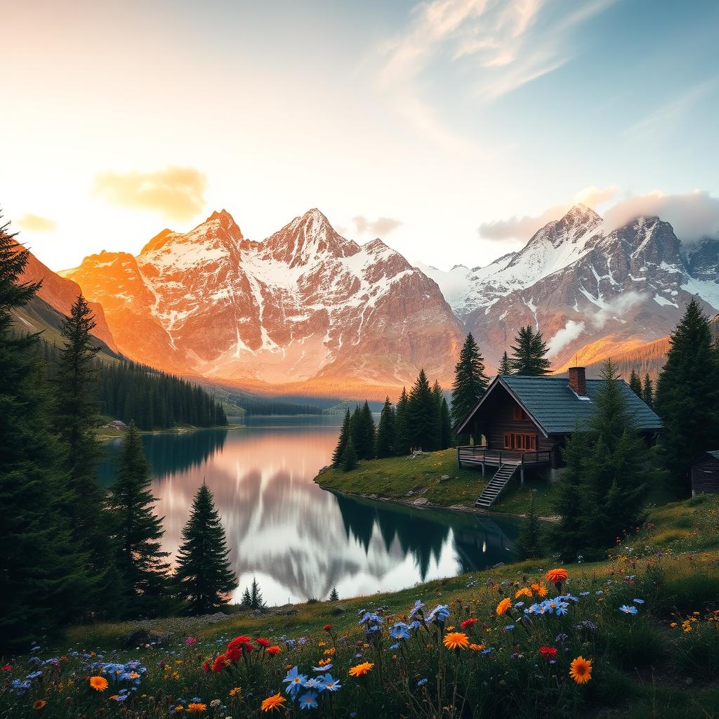 A stunning landscape of the Swiss Alps at sunrise, with majestic snow-capped peaks glowing in the warm, golden light