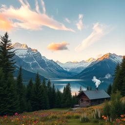 A stunning landscape of the Swiss Alps at sunrise, with majestic snow-capped peaks glowing in the warm, golden light