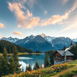 A stunning landscape of the Swiss Alps at sunrise, with majestic snow-capped peaks glowing in the warm, golden light