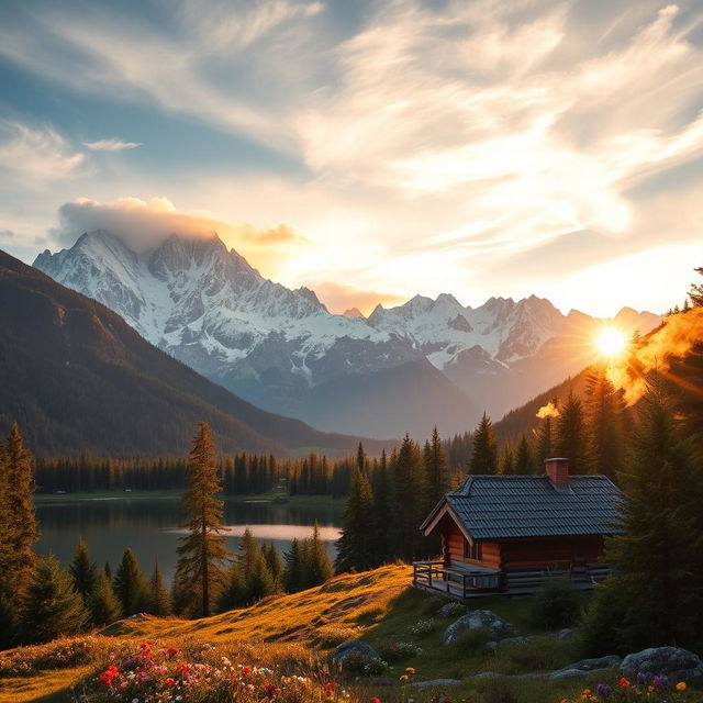 A stunning landscape of the Swiss Alps at sunrise, with majestic snow-capped peaks glowing in the warm, golden light