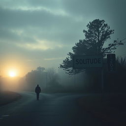 A solitary man walking on an empty road during a dark and cloudy sunrise, surrounded by a light fog