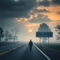 A solitary man walking on an empty road during a dark and cloudy sunrise, surrounded by a light fog