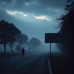 A solitary man walking on an empty road during a dark and cloudy sunrise, surrounded by a light fog