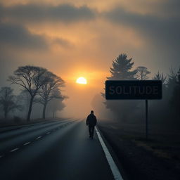 A solitary man walking on an empty road during a dark and cloudy sunrise, surrounded by a light fog